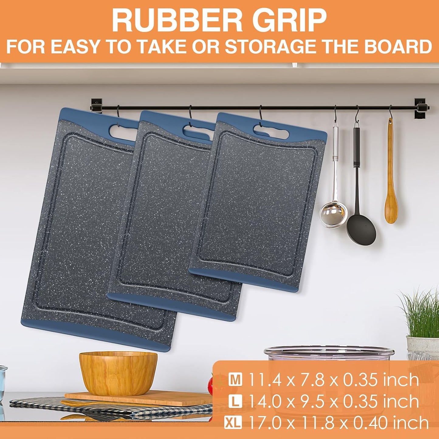 Extra Large Cutting Boards, Plastic Cutting Boards for Kitchen (Set of 3) Cutting Board Set Dishwasher Chopping Board with Juice Grooves Easy-Grip Handles, Dark Grey, Empune