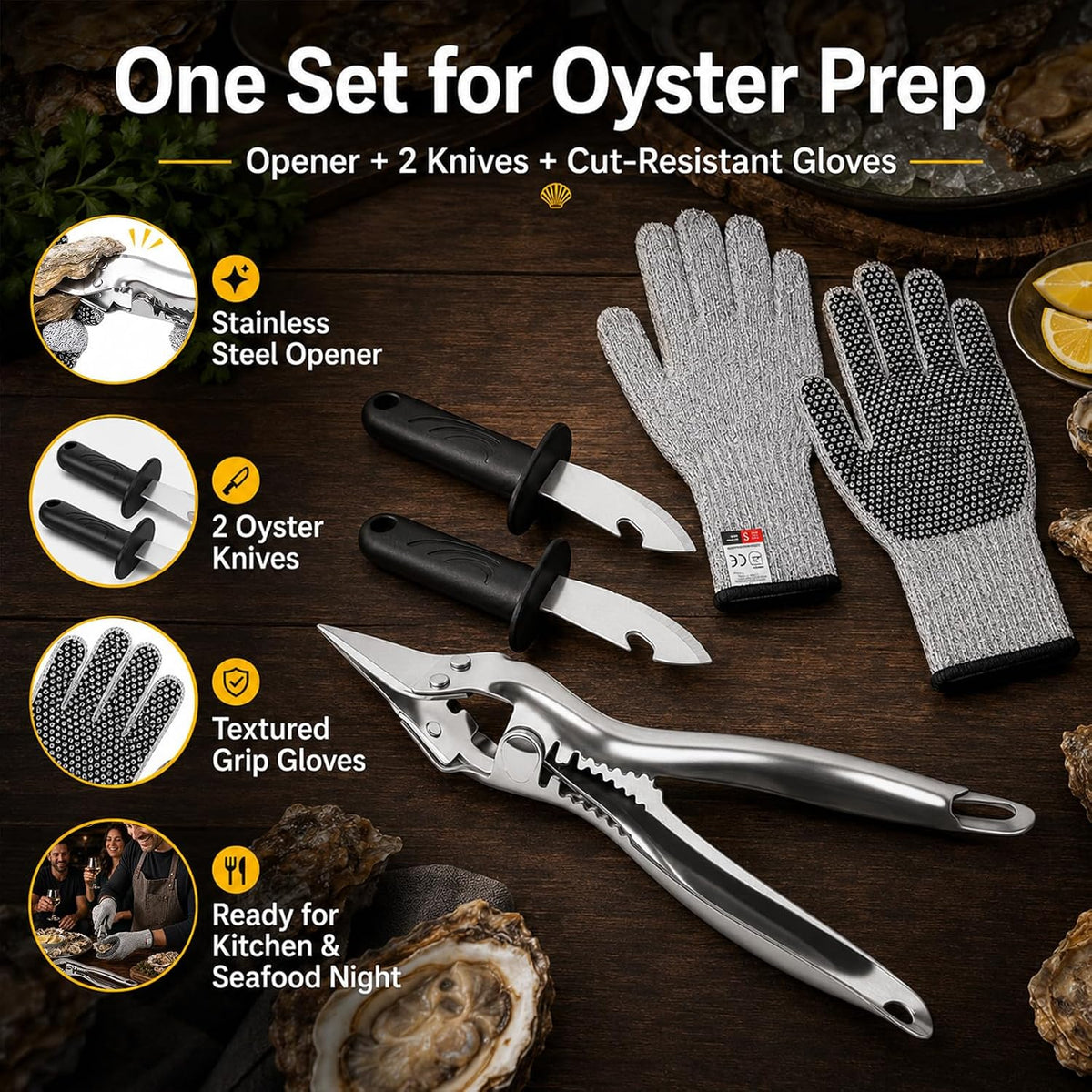 Oyster Shucker Machine Kit with 2 Knives & Cut-Resistant Gloves