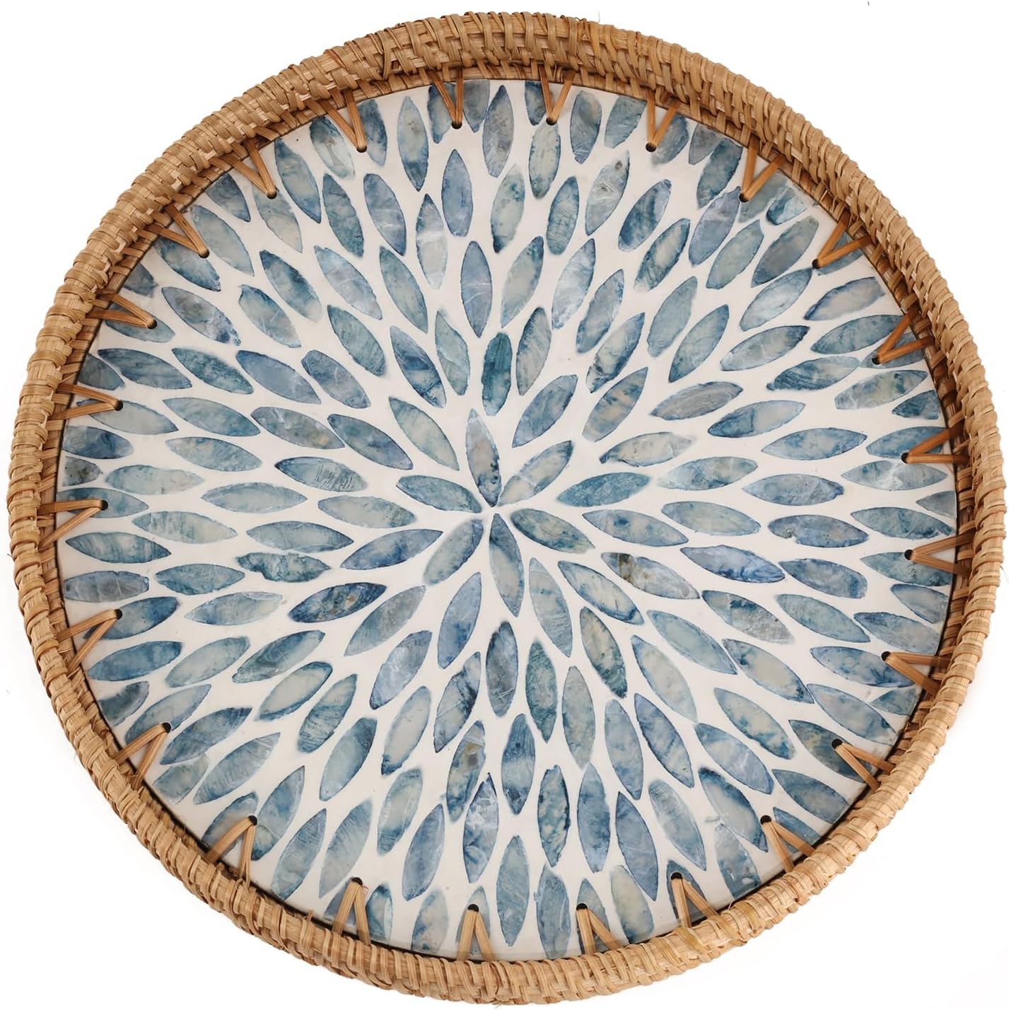 Round Rattan Tray with Mother of Pearl Inlay, Rattan Serving Tray for Coffee, Bread, Fruits, Decorative Wicker Tray for Table Decor, Home Decor, Kitchen Island Decor(Black Checkerboard, 11.8")