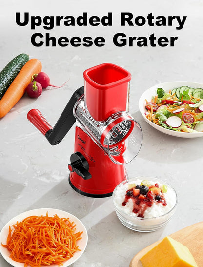 Geedel Rotary Cheese Grater, Kitchen Mandoline Vegetable Slicer with 3 Interchangeable Blades, Easy to Clean Rotary Grater Slicer for Cheese, Vegetables, Nuts