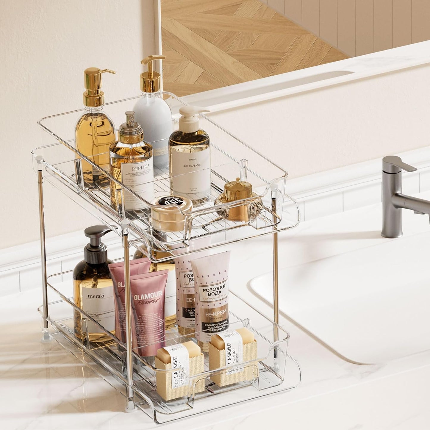 Vtopmart 4 Pack Bathroom Under Sink Organizers Organizer, 2 Tier Clear Pull-Out Organization (S-Standard)