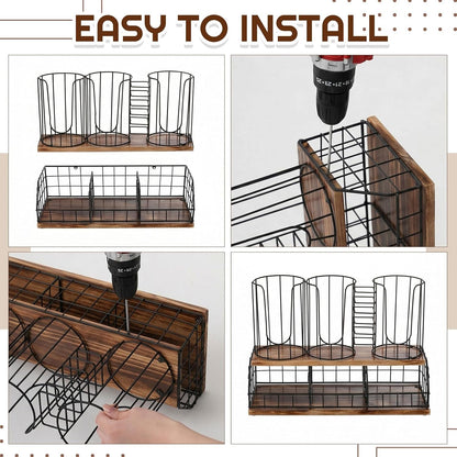 Geelin 18oz Adjustable Coffee Cup Dispenser with Wooden Base, Cup and Lid Holder, Cups Holder Organizer for Coffee Pod Straw and Lid Storage(2-compartment Single,Color 2)