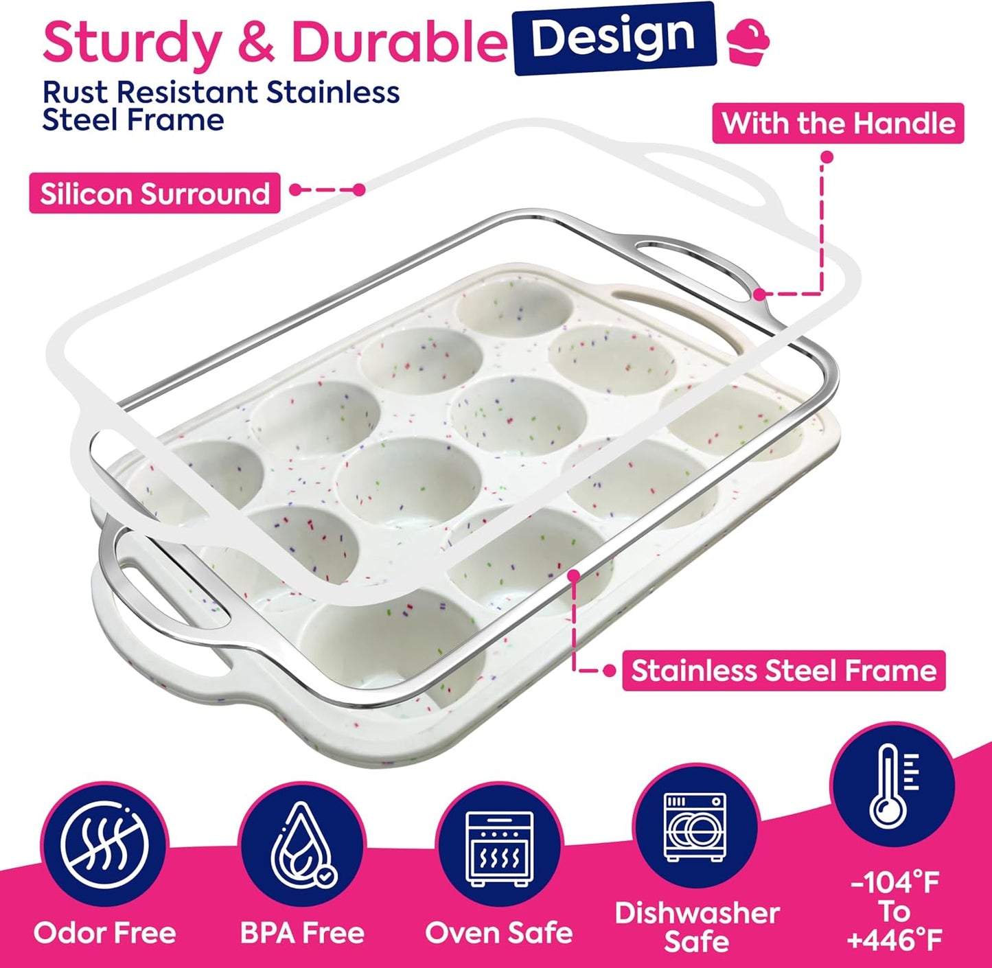 RICCLE 2 Pack Silicone Muffin Pans for Baking with Metal Reinforced Frame - Regular 12 Cup Silicone Muffin Pan & 24 Cup Mini Cupcake Pans - Silicone Cupcake Pan Set - Oven & Dishwasher Safe, BPA-Free