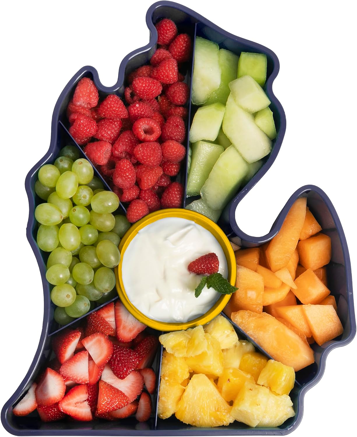 KOLORAE Michigan Serving Tray - Unique 7 Compartment Mitten State Reusable Snack Tray w/Dressing Cup. Great for Entertaining and Storage for Appetizers, Snacks, Chips & Dip
