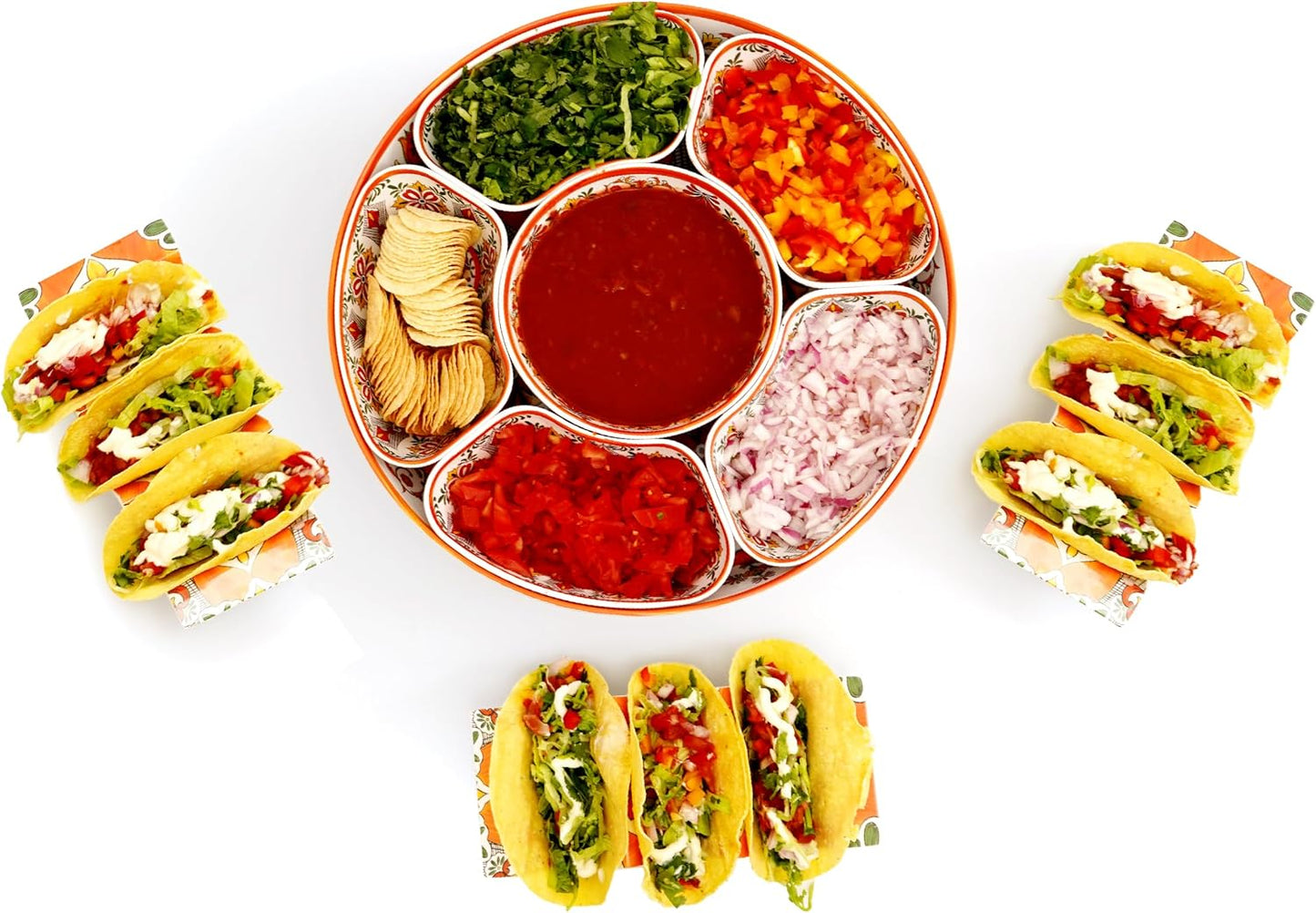 TP Taco Bar Serving Set, Melamine Serving Platter with Lazy Susan, Serving Tray and Bowls, Taco Tuesday Kit Snack Holder for Party and Fiesta, White