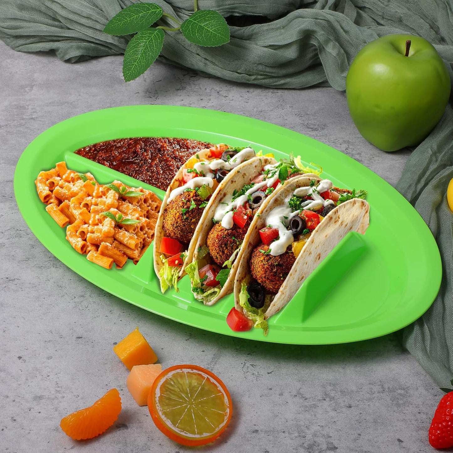 12 Pack Colorful Plastic Taco Plates – Reusable Taco Holder with Dividers for 3 Tacos & 2 Dipping Areas, BPA-Free, Dishwasher & Microwave Safe (Red, Yellow, Green)