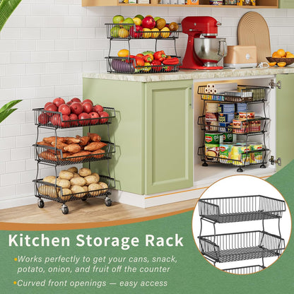 OKZEST 3-Tier Rolling Pantry Floor Organizer and Storage Cart with Wheels, Stackable Wire Pantry Baskets for Pantry Shelves, Kitchen Storage Rack and Fruit Basket Stand for Fruit Snack Onion Potato