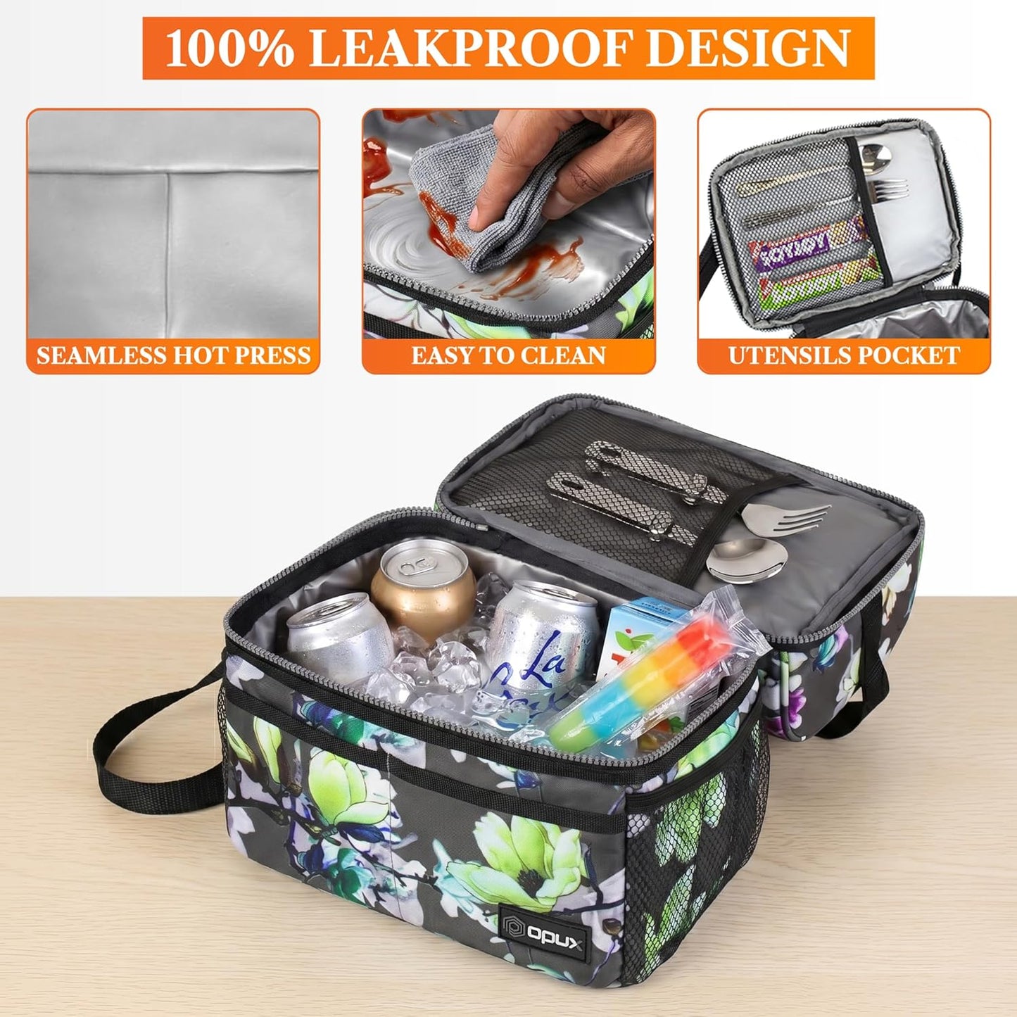 opux Insulated Lunch Bag for Men Women, Double Decker Leakproof Lunch Box Cooler Tote with Shoulder Strap, Large Lunchbox for Work School Travel Meal Prep, Adults Kids Boys Girls, Green, 16 Cans