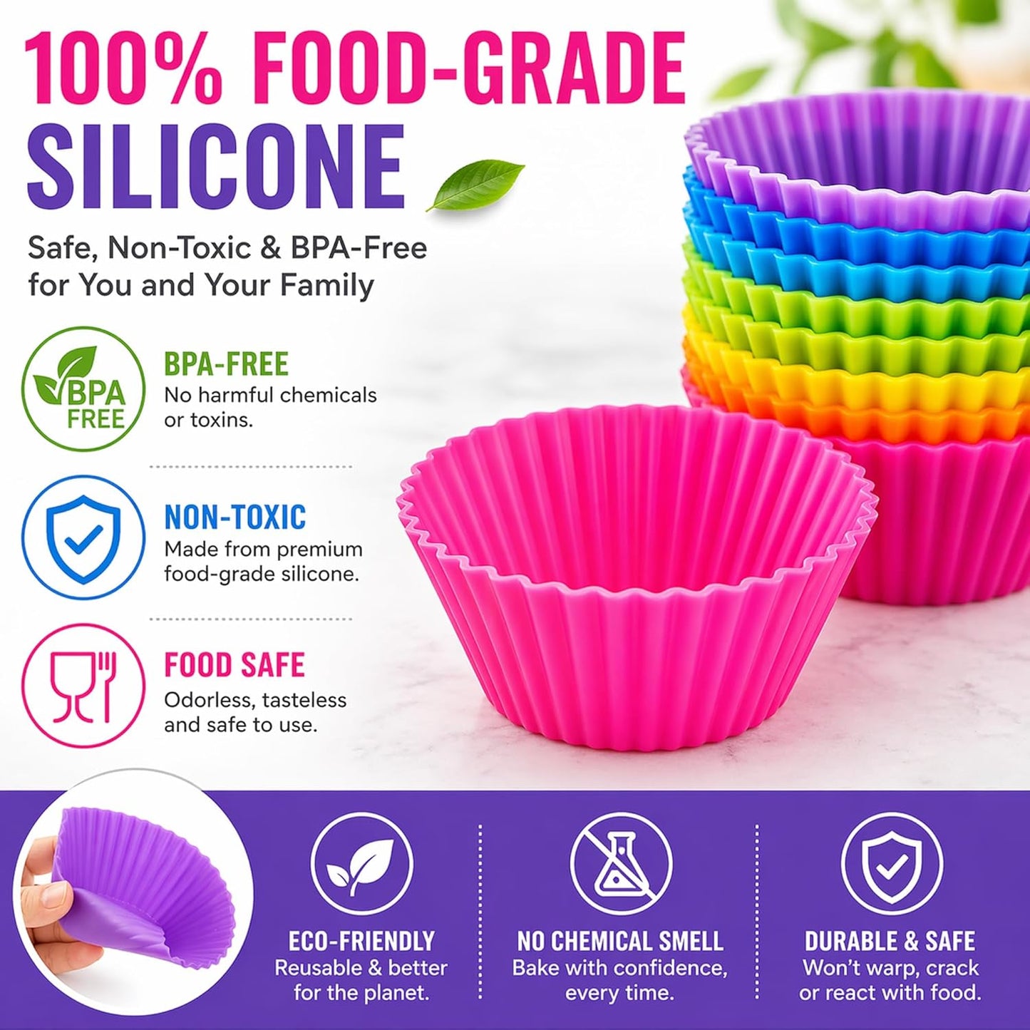 Cupcake Liners - Reusable Silicone Cupcake Baking Cups - Non-Stick Baking Muffins Mold - Use As Lunch Box Dividers - Set of 12 Kitchen Accessories - Great Gift Idea