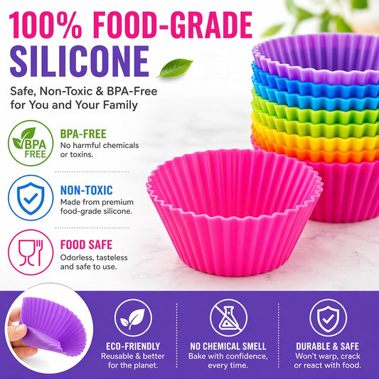Cupcake Liners - Reusable Silicone Cupcake Baking Cups - Non-Stick Baking Muffins Mold - Use As Lunch Box Dividers - Set of 12 Kitchen Accessories - Great Gift Idea