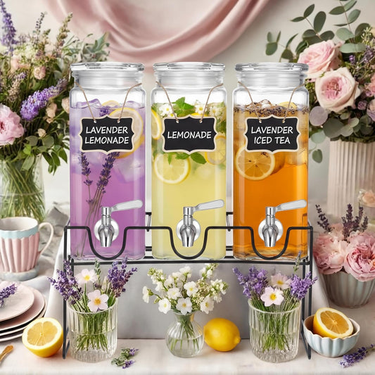 3 Pack 80 oz Tall Glass Drink Dispenser with Stand, Lid, Label and Stainless Steel Leakproof Spigot Beverage Water Dispenser Clear Mason Jar for Party Fridge(Square)