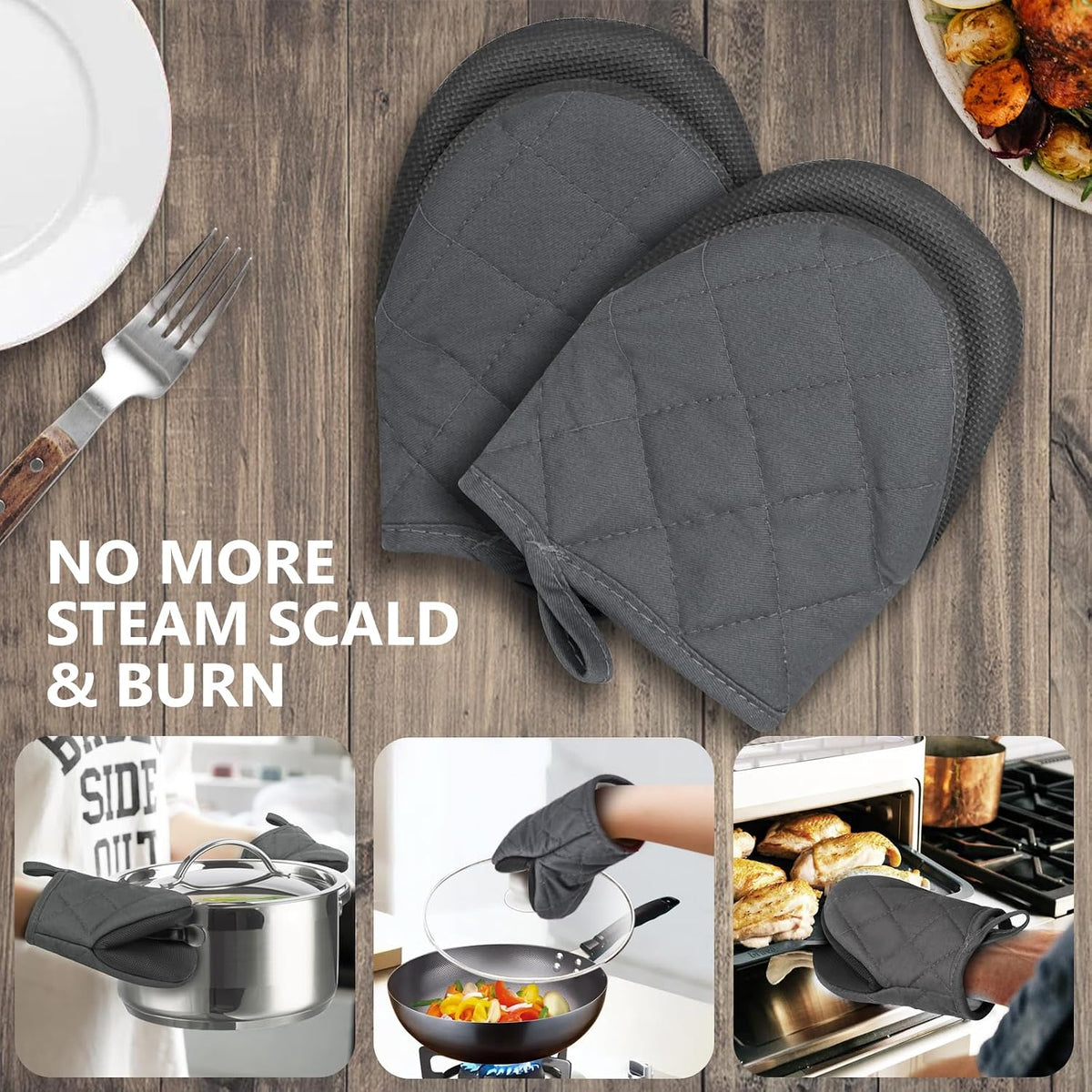 1 Pair Short Oven Mitts - Silicone Kitchen Oven Gloves High Heat Resistant 500℉, Mini Oven Mits with Non-Slip Grip Surfaces and Hanging Loop for BBQ, Baking, Cooking and Grilling (Black)