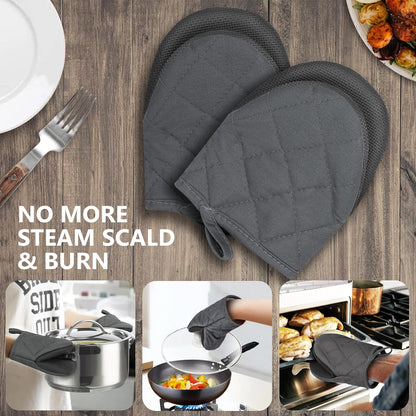 1 Pair Short Oven Mitts - Silicone Kitchen Oven Gloves High Heat Resistant 500℉, Mini Oven Mits with Non-Slip Grip Surfaces and Hanging Loop for BBQ, Baking, Cooking and Grilling (Black)