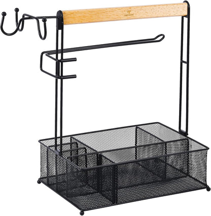 VIKEYHOME Grill Caddy, Picnic BBQ Organizer for Camping Outdoor Mesh Basket with 3 Hanging Hooks and Paper Towel Holder, Ideal Table Storage Tools for RV Camper/Tailgating/Flatware