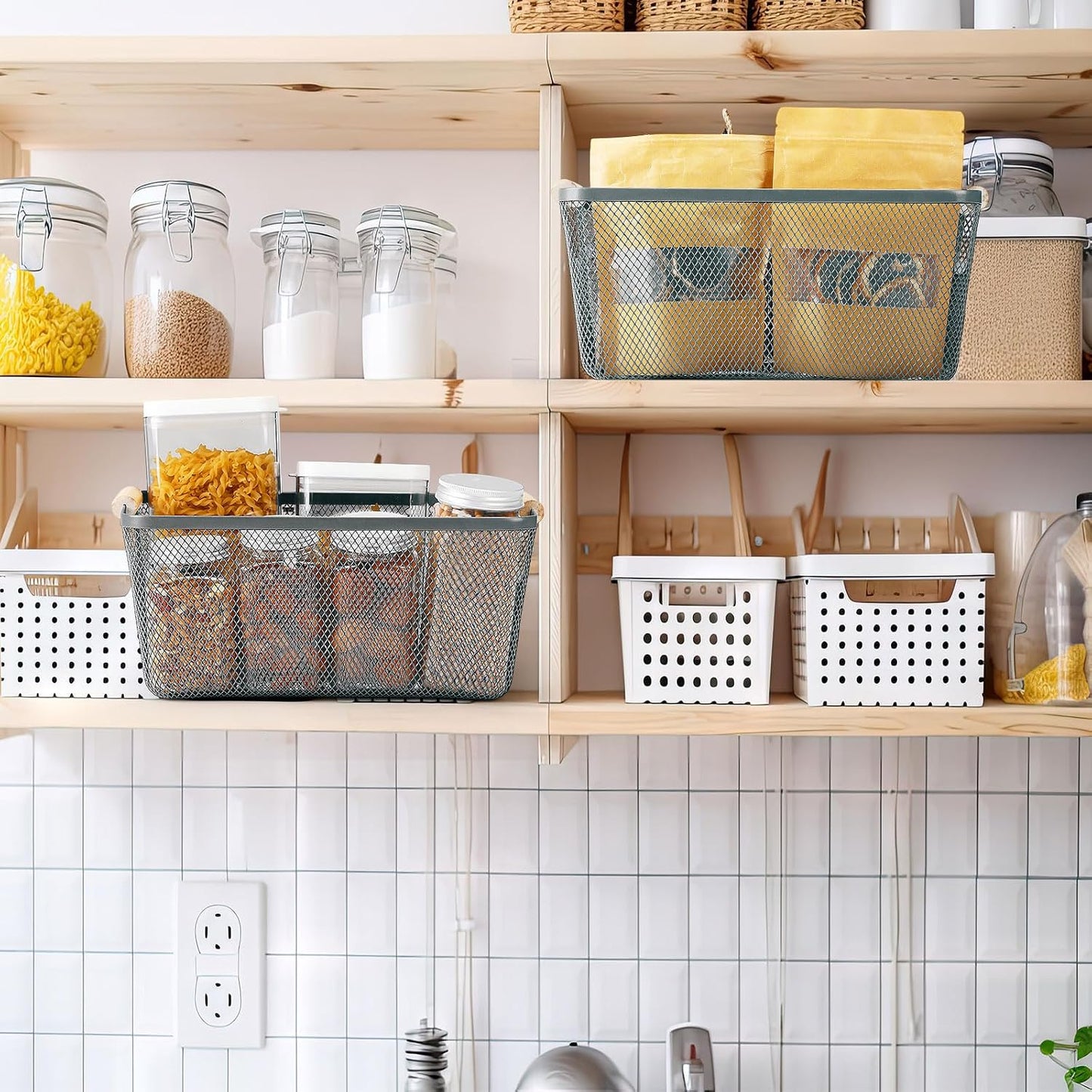 Ziliny 4 Pcs Metal Mesh Wire Baskets with Wooden Handles for Organizing, Pantry Organizers and Storage Steel Bin Kitchen Baskets for Fruit Potato Onion Snacks Bathroom Cabinet(Medium,Cream White)