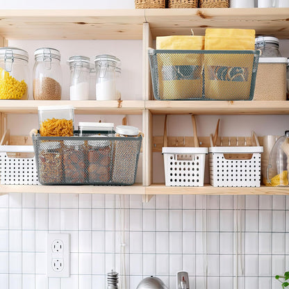 Ziliny 4 Pcs Metal Mesh Wire Baskets with Wooden Handles for Organizing, Pantry Organizers and Storage Steel Bin Kitchen Baskets for Fruit Potato Onion Snacks Bathroom Cabinet(Medium,Cream White)