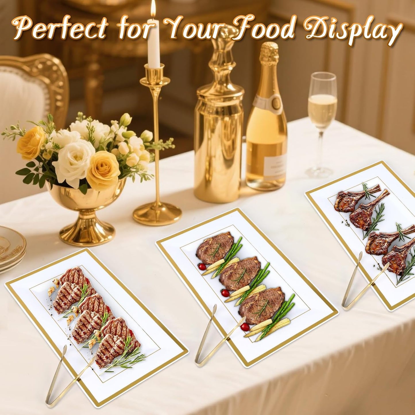 20 Sets Plastic Serving Tray,White & Gold Rim Food Trays with Stainless Serve Tongs,Versatile Serving Trays for Party, Serving Platter for Party, Food, Fruit, Dessert, Tea Party, Wedding