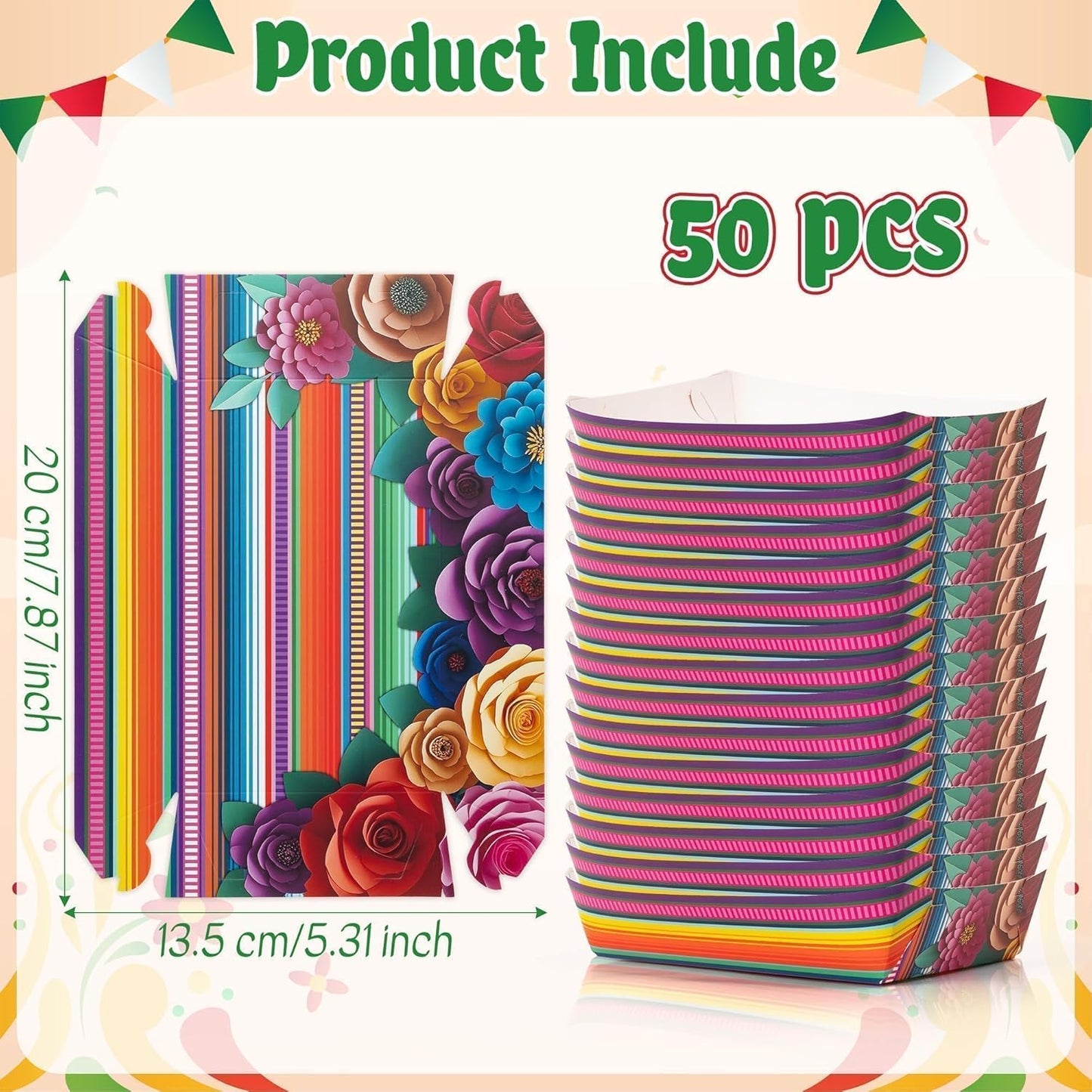 Mexican Taco Nights Food Trays - 60Pcs Mexican Flowers Wavy Edge Unassembled Tray Nacho Snack Candy Holder Disposable Paper Plate Holiday Birthday Carnival Party Supplies Food Container