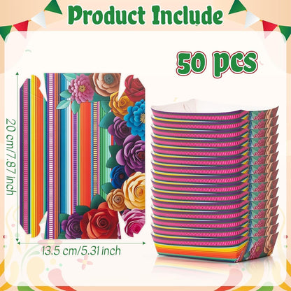 Mexican Taco Nights Food Trays - 60Pcs Mexican Flowers Wavy Edge Unassembled Tray Nacho Snack Candy Holder Disposable Paper Plate Holiday Birthday Carnival Party Supplies Food Container