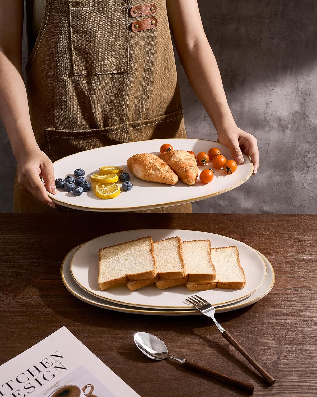 famiware Serving Platter, Oval 15.59/14.3/12.9inch Serving Dishes for Entertaining, Serving Bowls, Microwave Safe, Stoneware Serving Trays for Party, Food, Turkey, Cheese, Ocean Series, Vanilla White