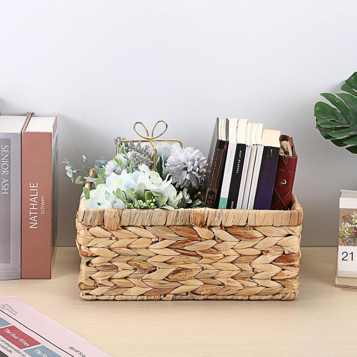 Hipiwe Wicker Basket Water Hyacinth Baskets Rectangular Decorative Baskets Bin for Shelf Organizing, Handwoven Storage Basket Bins with Built-in Handles,15.9"x12"x5.9"