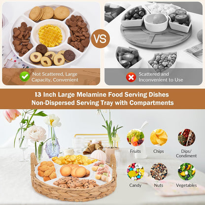 GENMOUS Chips and Dip Serving Tray, 13" Divided Serving Trays for Fruit Dips Candy, Water Hyacinth with 5 Sectional Melamine Appetizer Relish Trays for Party