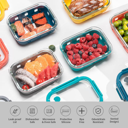 GENICOOK Glass Food Storage Containers With Glass Lids Bento Box Set Lunch Box Eco Friendly Meal Prep Containers Airtight – Plastic Free, Silicon Sleeve Bpa Free 4.4cup/ 5 * 1050ml