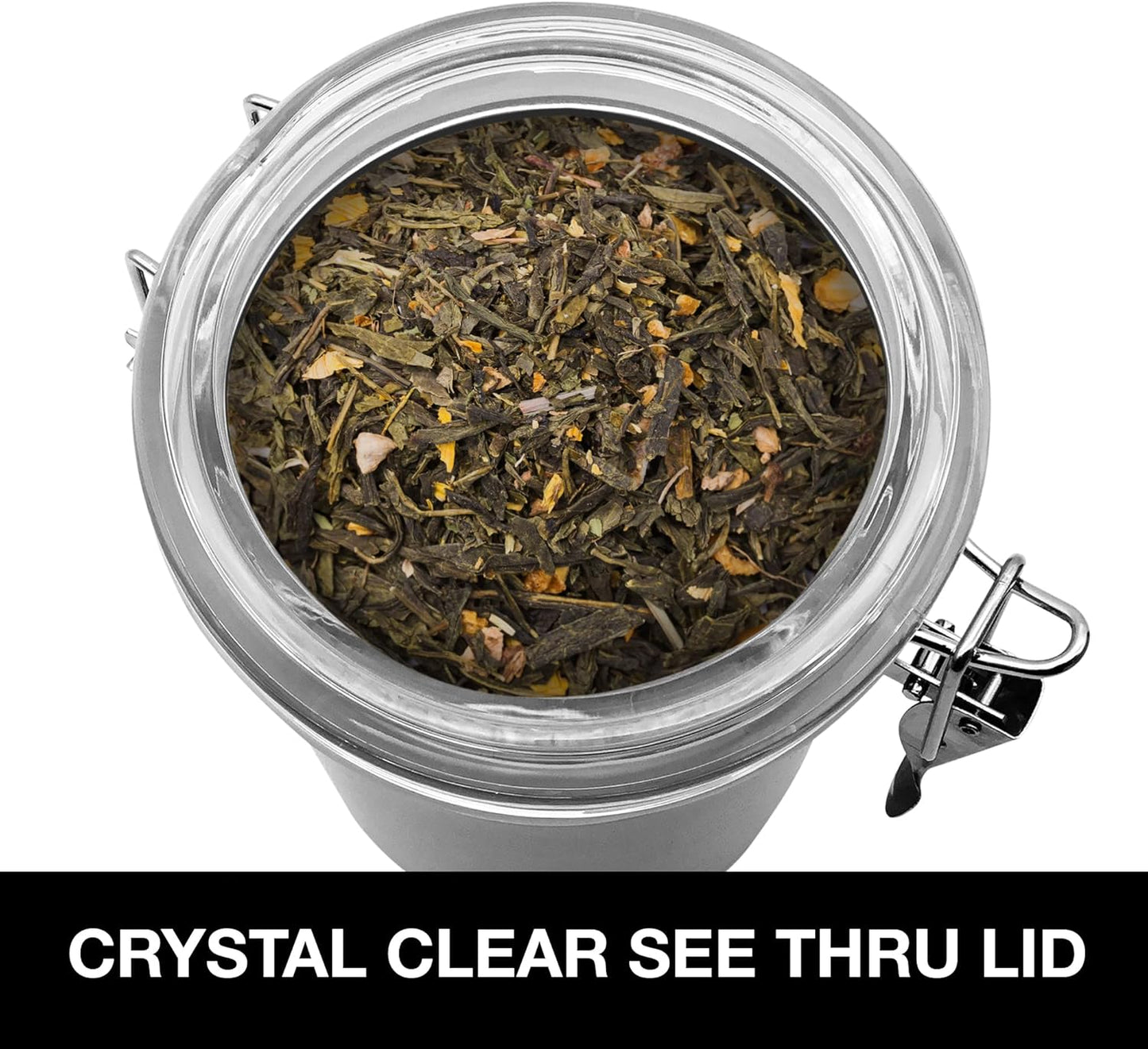 Oggi Stainless Steel Sugar Canister 62 fl oz - Airtight Clamp Lid, Clear See-Thru Top - Ideal Sugar Container for Countertop, Sugar Jar, Bulk Sugar Storage. Large Size 5" x 7.5".