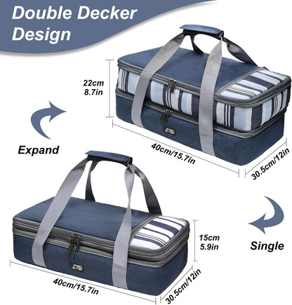 Double Decker Insulated Casserole Carrier, Expandable Thermal Food Warmer Bag Fits 9x13 Dish, Leak-Proof Potluck Lasagna Holder with Utensil Pocket for Picnic Party Cookout (Blue)