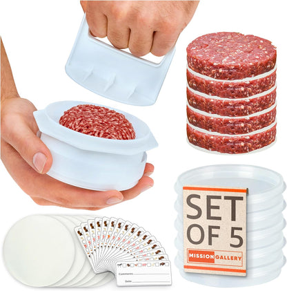Hamburger Press Patty Maker - 4 in1, Burger Mold, Patty Press, 7 Storage Containers, 100 Round Papers - Hamburger Patty Maker Tool for BBQ - Burger Shaper for Meat, Veggie Patties