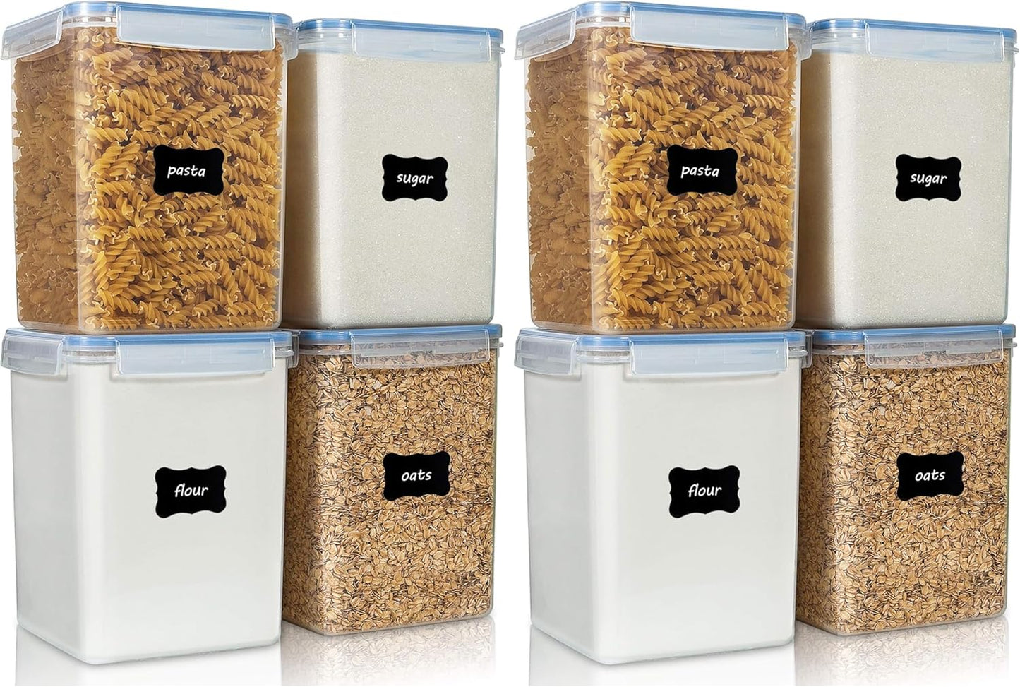 Vtopmart 4 PCS Large Food Storage Containers 5.2L / 175oz, 4 Pieces BPA Free Plastic Airtight Canisters for Flour, Sugar, Baking Supplies, Rice with Lids, 4 Measuring Cups and 24 Labels, Black