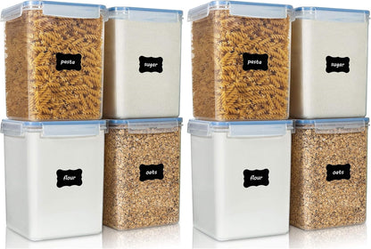 Vtopmart 4 PCS Large Food Storage Containers 5.2L / 175oz, 4 Pieces BPA Free Plastic Airtight Canisters for Flour, Sugar, Baking Supplies, Rice with Lids, 4 Measuring Cups and 24 Labels, Black