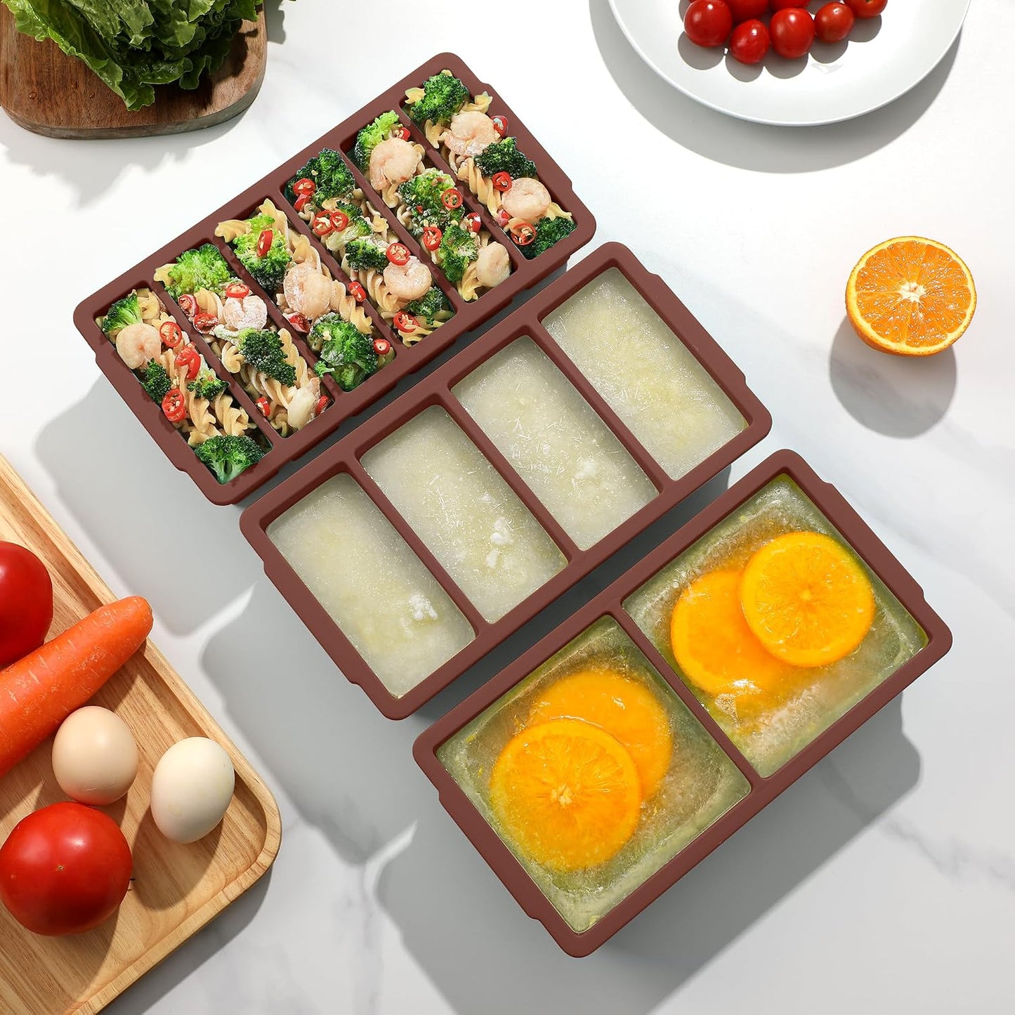 3-Pack Silicone Freezer Trays with Lid,2 Large 2-Cup(500ml)&4 Medium 1-Cup(250ml)&6 Small 1/2-Cup(125ml) Soup Freezer Container Molds,Ice Cube Tray For Meal Prep&Freezing Soup,Stews,Sauces
