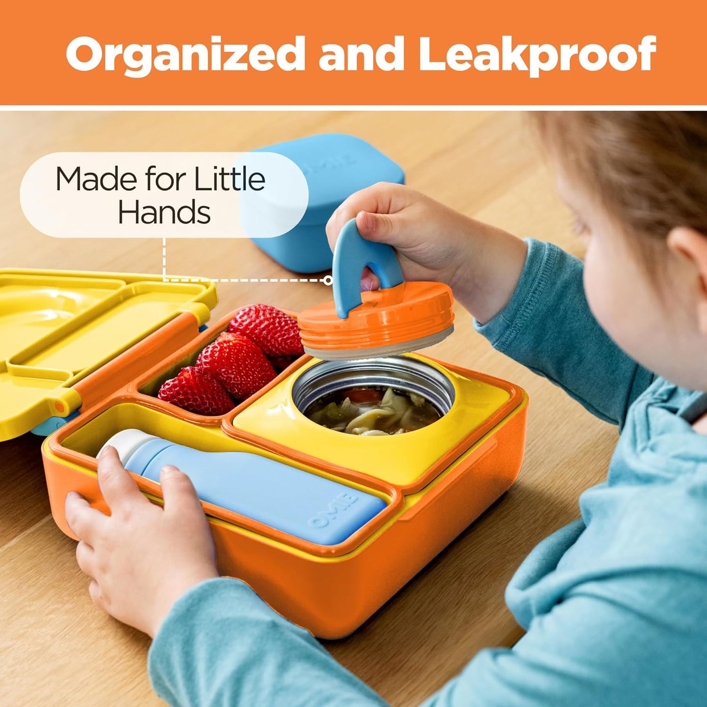 OmieBox Bento Box for Kids - Insulated Bento Lunch Box with Leak Proof Vacuum Insulated Food Jar - 3 Compartments, Two Temperature Zones (Blue Sky)