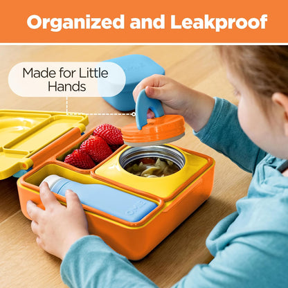 OmieBox Bento Box for Kids - Insulated Bento Lunch Box with Leak Proof Vacuum Insulated Food Jar - 3 Compartments, Two Temperature Zones (Blue Sky)