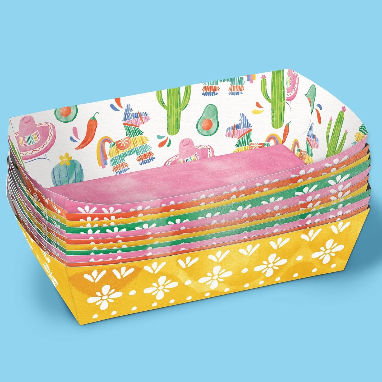 Big Dot of Happiness Fiesta Paper Food Trays, Disposable Food Boats for Mexican Themed Birthday or Cinco De Mayo, Double-Sided Paper Meal Holders for Nachos, Tacos, Snacks - 12 Ct