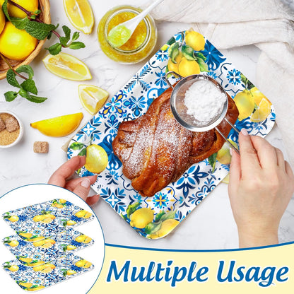 FYSUIMU 3Pcs Lemon Serving Trays Blue Tiles Lemon Print Platter Summer Citrus Fruit Serving Dishes for Spring Birthday Party Sharing Snacks Fruit Desserts