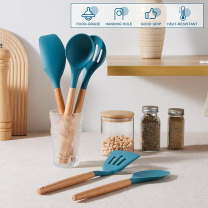 E-far Silicone Cooking Utensils Set, 5-Piece Kitchen Utensils Set with Wooden Handle for Cooking, Silicone Kitchen Nonstick Tools Spatula Turner Slotted Spoons, Nontoxic & Heat Resistant-Khaki