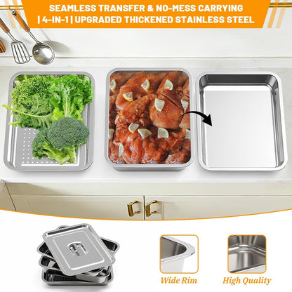 5pcs Grill Prep Trays Sets, Stainless Steel Grilling Prep and Serve Tray, Marinade Container with Lid, Thawing Board, Cutting Board, BBQ Grill Accessories, Grilling Gifts for Mens