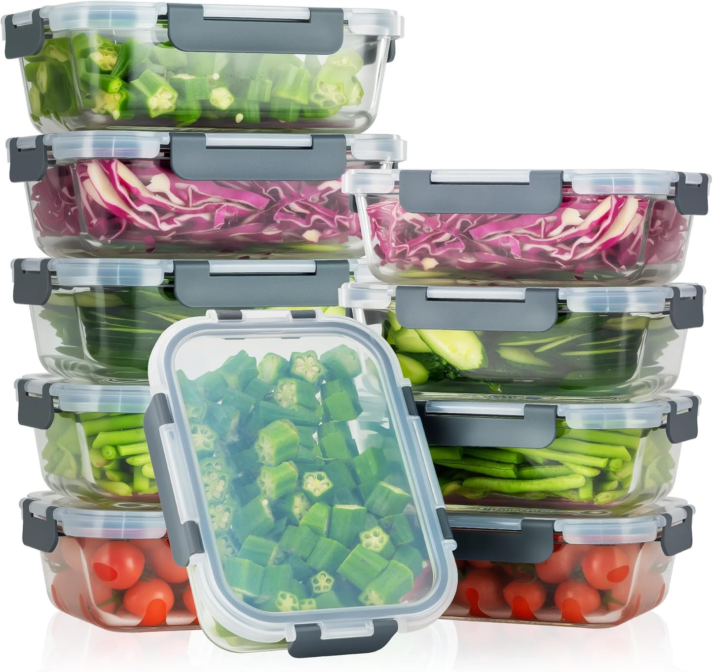 5-Piece Set, 36 oz Glass Meal Prep Containers with Snap-Lock Lids, Airtight Lunch Containers, Microwave, Oven, Refrigerator & Dishwasher Safe,Black