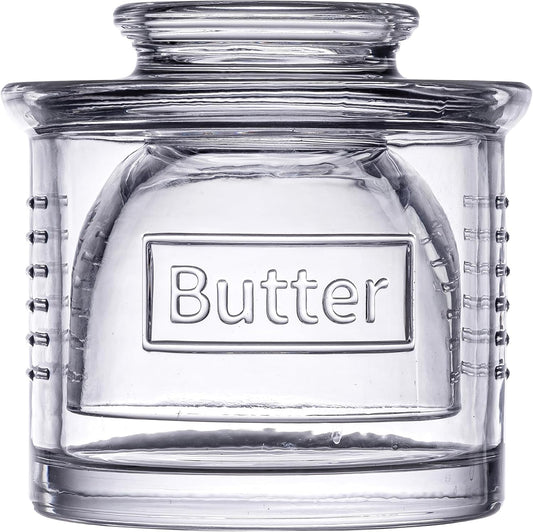 TableCraft 12951 Round French Butter Crock, 1 Cup Capacity, Clear Soda Lime Glass, Holds 2 Sticks of Butter, “Butter” Embossed, 4.5” x 4.5” x 4.25”, Vintage-Inspired Serveware, Dishwasher Safe
