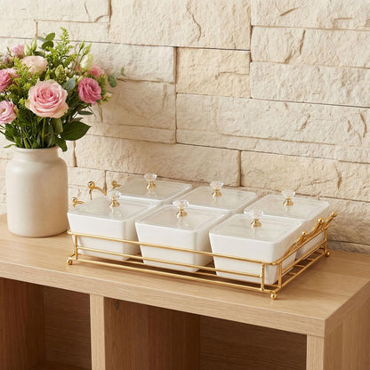 YA JU Ceramic Bowls and with Lid Gold Basket Trays, 6 Removable Small Bowls Condiment Trays Nut Serving Set for Snacks, Fruits, Candy and Condiments -Great for Parties, Holiday Gifts, White