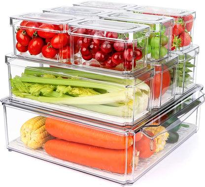 14 Pack Fridge Organizer, Stackable Refrigerator Organizer Bins with Lids PBA-Free, Clear Fridge Organizers and Storage for Kitchen, Countertops, Cabinets, Fridge, Drinks, Fruits, Vegetable, Cereals