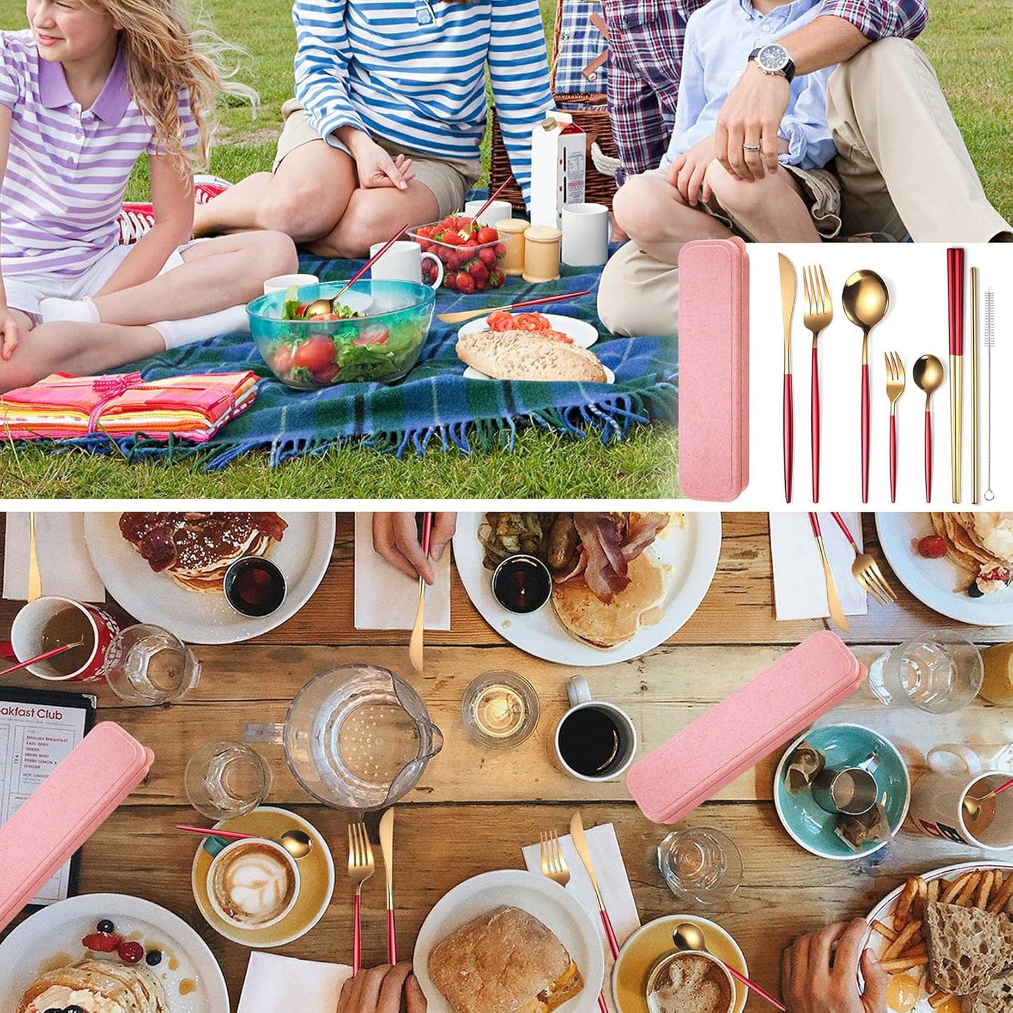 AARAINBOW 8 Pieces Stainless Steel Flatware Set Portable Reusable Cutlery Set Travel Utensils Set Including Chopsticks Knife Fork Spoon Straws Cleaning Brush Dishwasher Safe (Pink Golden)