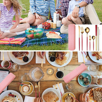AARAINBOW 8 Pieces Stainless Steel Flatware Set Portable Reusable Cutlery Set Travel Utensils Set Including Chopsticks Knife Fork Spoon Straws Cleaning Brush Dishwasher Safe (Pink Golden)