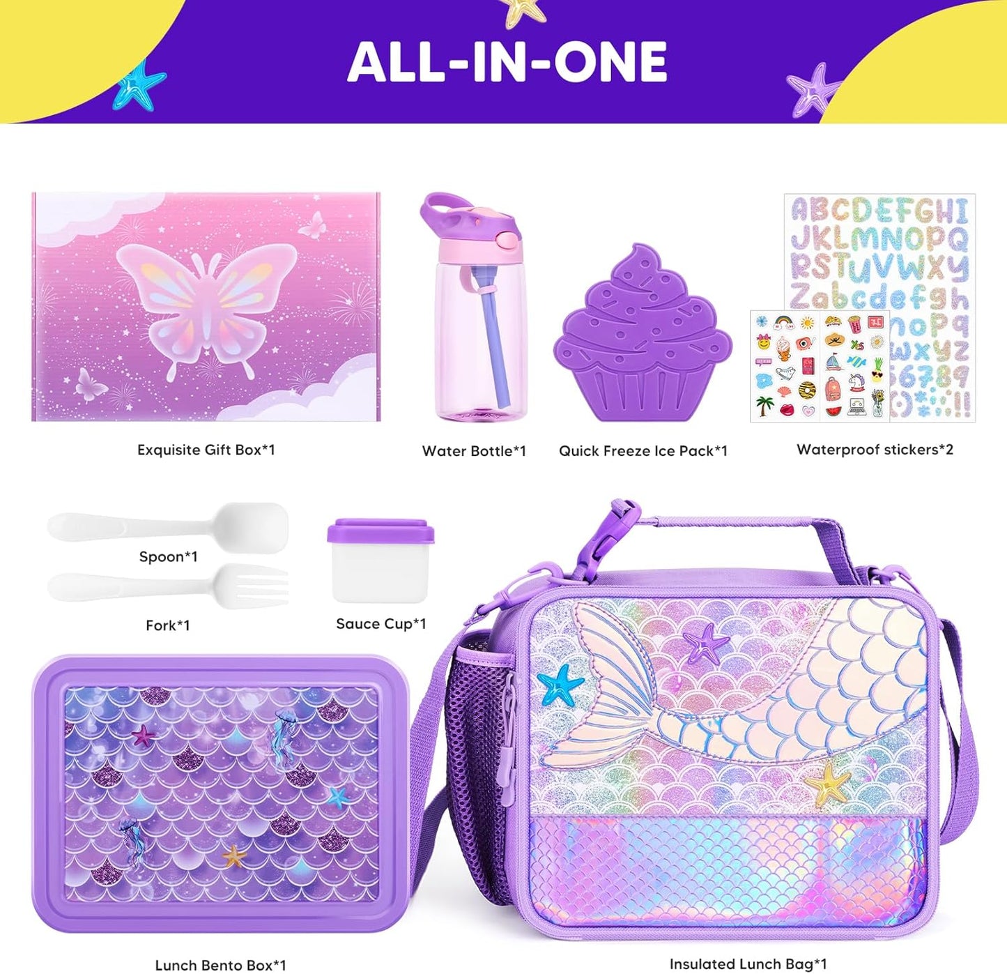 JYPS Lunch Box for Girls-Insulated Lunch Bag,Kids Bento Box with 6 Compartment,Water Bottle,Ice Pack,Salad Container,Perfect Lunch Container for Kids and Toddlers Back to School Age 7-15(Purple M)