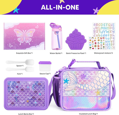 JYPS Lunch Box for Girls-Insulated Lunch Bag,Kids Bento Box with 6 Compartment,Water Bottle,Ice Pack,Salad Container,Perfect Lunch Container for Kids and Toddlers Back to School Age 7-15(Purple M)