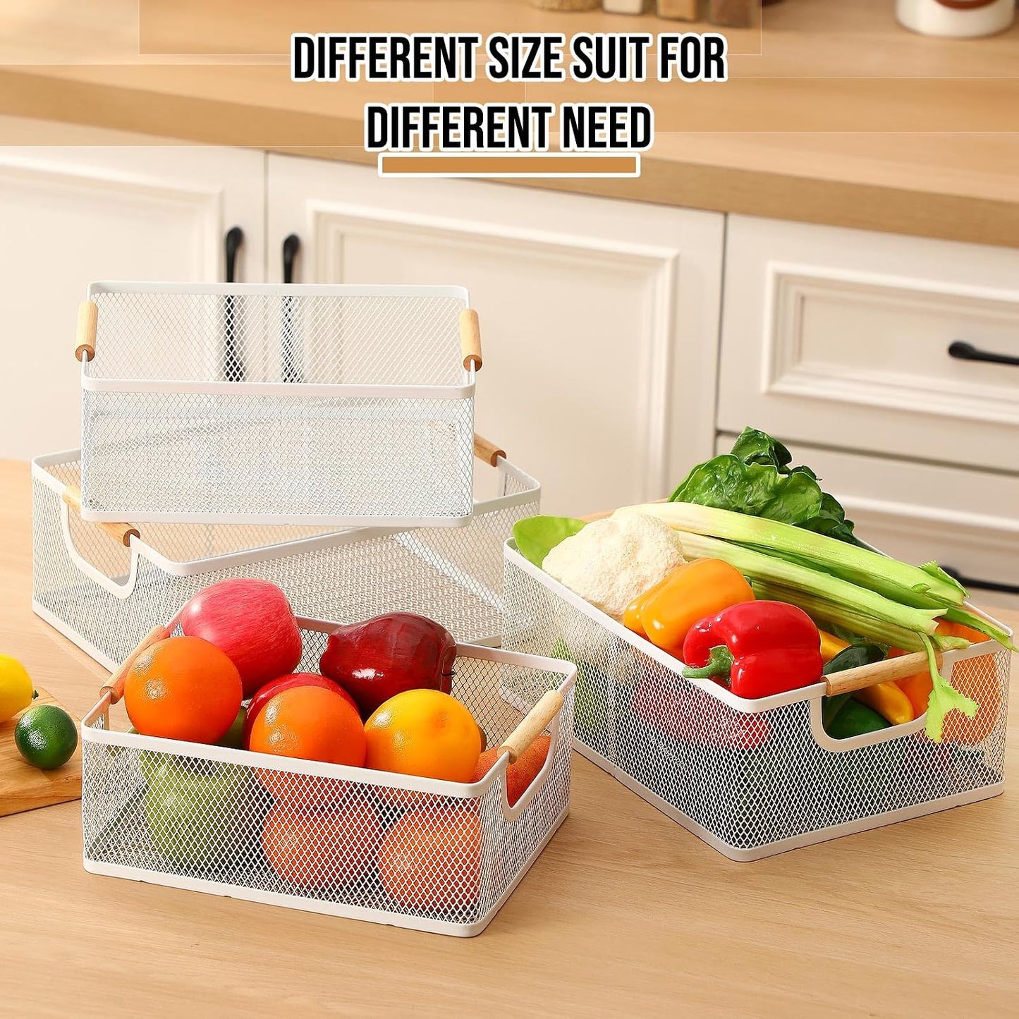 Rtteri 4 Pack White Metal Wire Basket with Wood Handle 2 Size Large Metal Mesh Basket Stackable Wire Storage Bin for Pantry Food Snacks Storage Kitchen Organizing