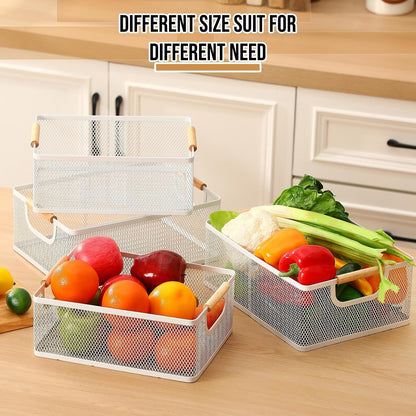 Rtteri 4 Pack White Metal Wire Basket with Wood Handle 2 Size Large Metal Mesh Basket Stackable Wire Storage Bin for Pantry Food Snacks Storage Kitchen Organizing