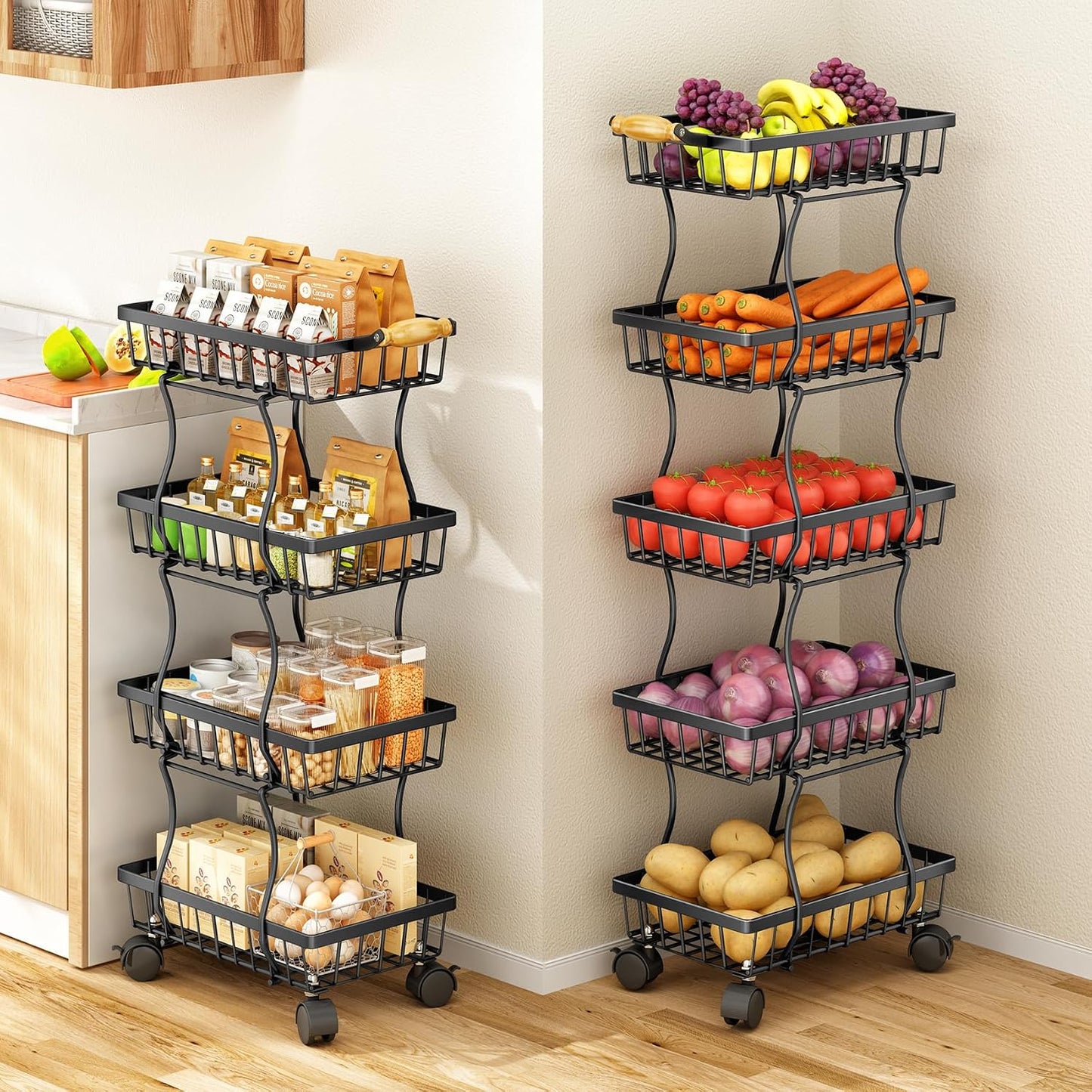 SAYZH Fruit Basket Kitchen Pantry Organizers and Storage - 4 Tier Stackable Metal Wire Basket Stand for Fruit Vegetable Snacks Jars Bins Containers Organization(Black, 4 Tiers)